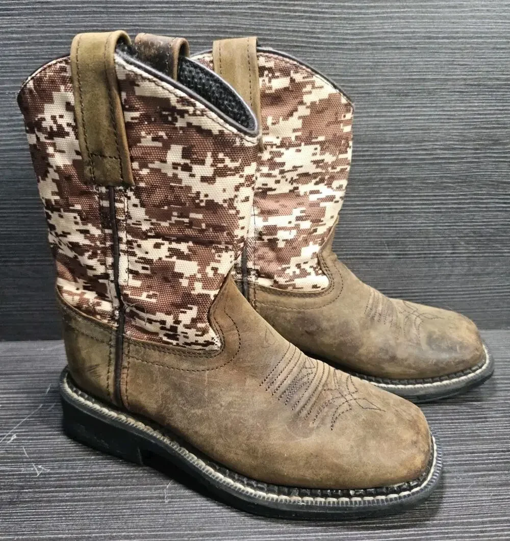 Old West Kids Cowboy Boots Brown Camo Leather Square Toe Size 11 D